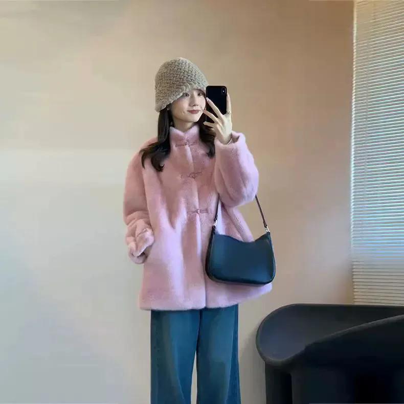 WTEMPO Женские толстые теплые длинные плюшевые пальто с воротником-стойкой на осень-зиму, большие размеры, ветрозащитные, утепленные куртки из искусственного меха L розовый