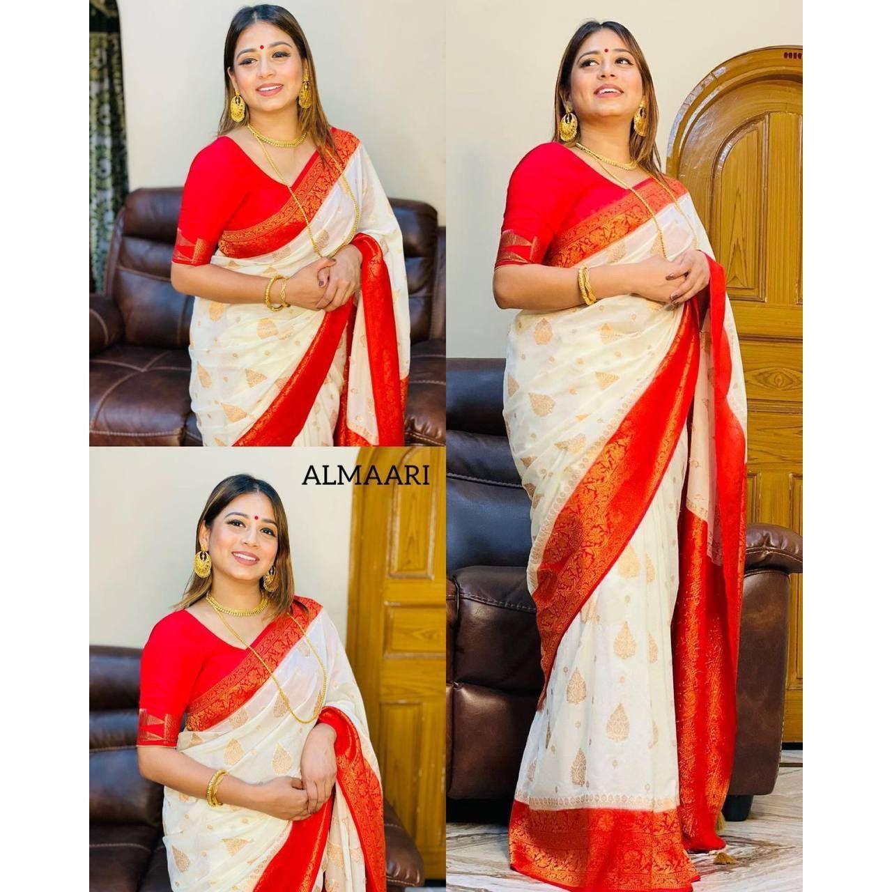 Это красивое сари элегантно украшено великолепным жаккардовым плетением, которое придает образу идеальный вид.
Это красивое сари элегантно украшено великолепным жаккардовым плетением, которое придает образу идеальный вид.