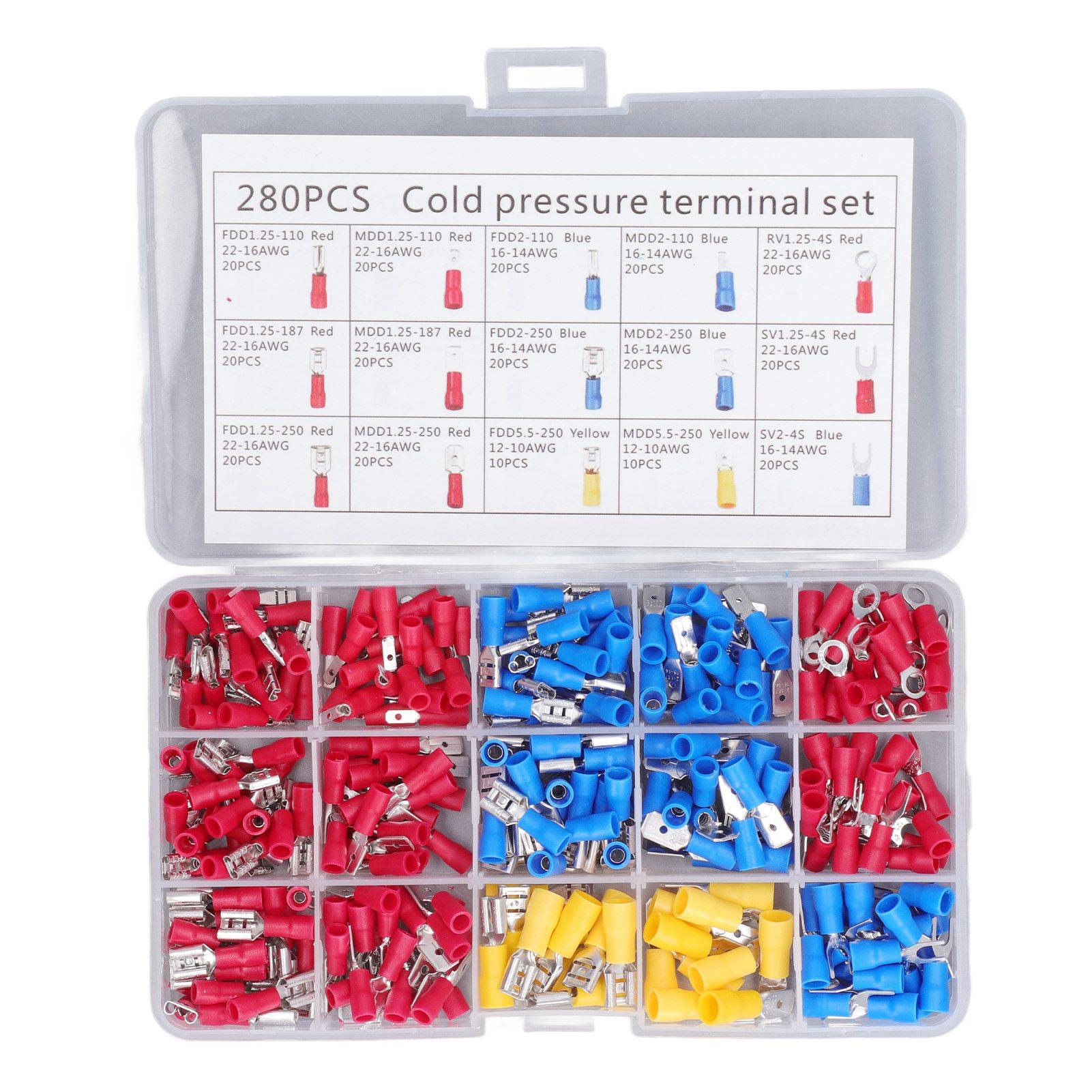 280Pcs Cold Pressed Terminal Brass Core Insulated Sheath Good Conductivity Ring Fork Terminal Kit
280Pcs Cold Pressed Terminal Brass Core Insulated Sheath Good Conductivity Ring Fork Terminal Kit