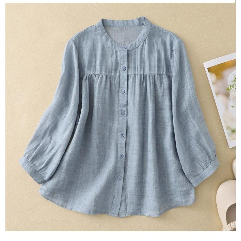 women linen blend stand-up collar shirt three-quarter sleeve gathered bust loose fit casual solid color blouse M синий
women linen blend stand-up collar shirt three-quarter sleeve gathered bust loose fit casual solid color blouse M синий