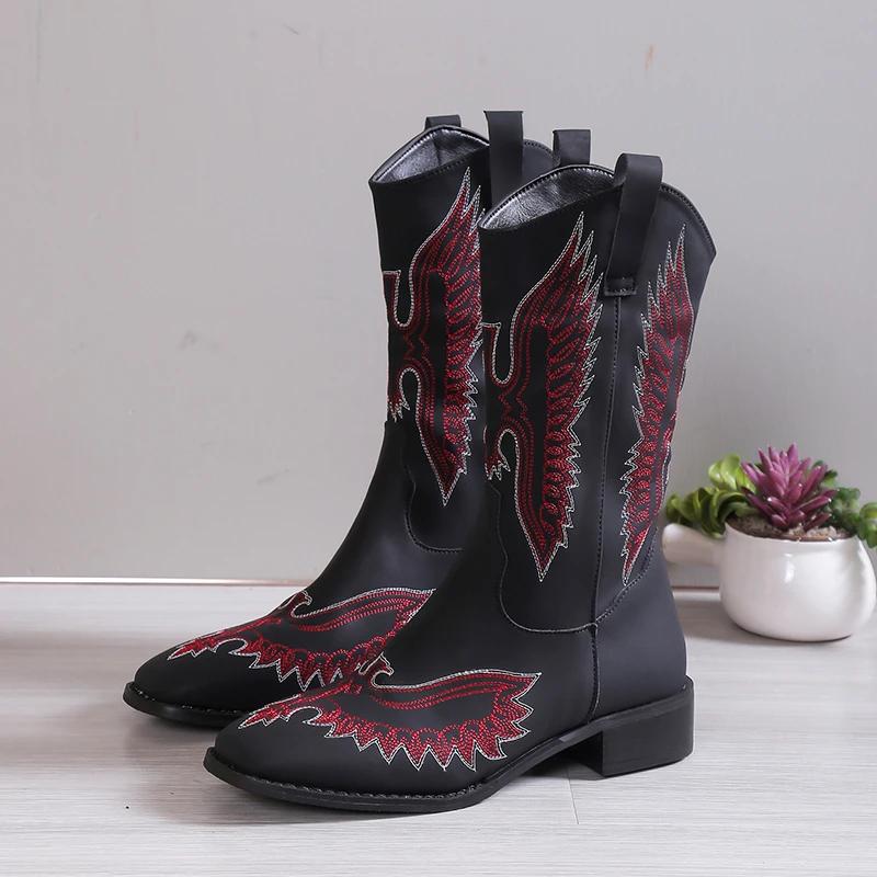 2024 Горячая Распродажа Обувь для Женщин Ботильоны Женские Зимние Квадратный Носок Комбинированные Цвета Средняя Голень Квадратный Каблук Большой Размер Модные Ботинки 43 чёрный