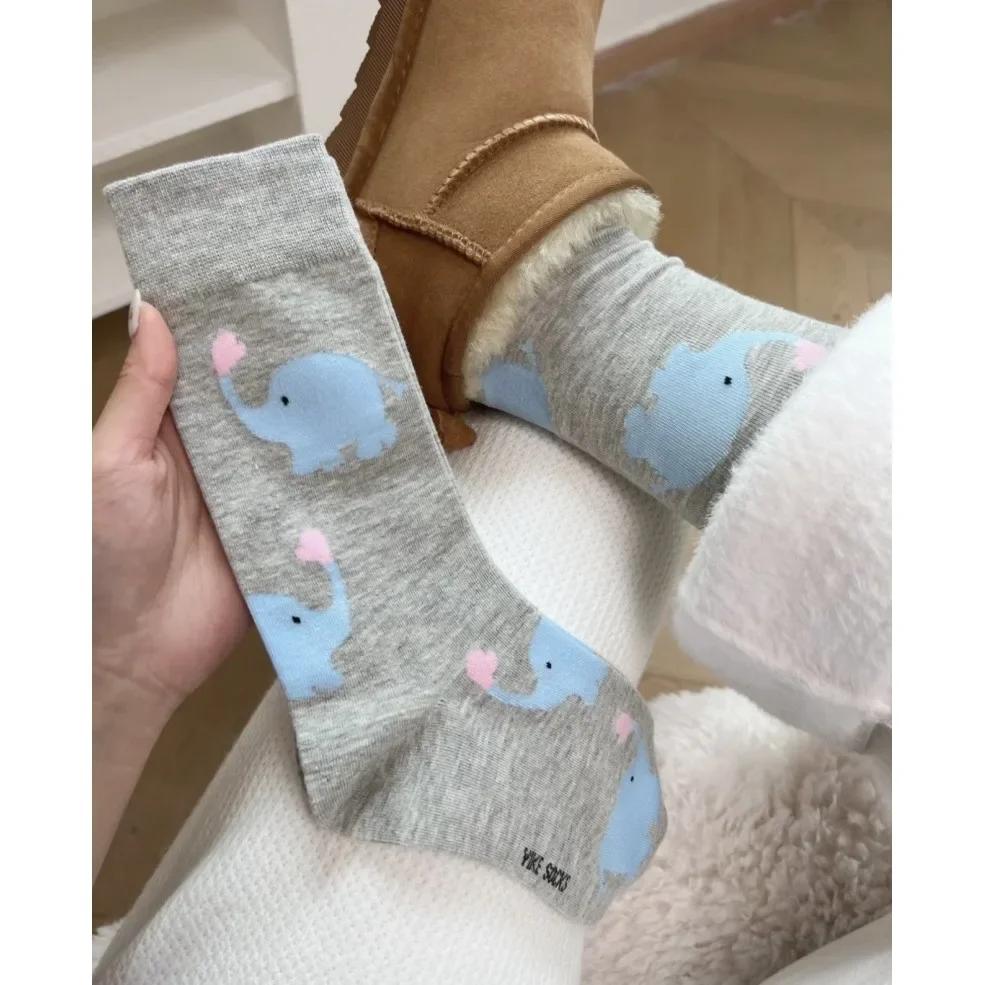 Милые мультяшные носки средней длины с изображением слона, летние весенние хлопковые корейские носки в милом стиле, мягкие, приятные к коже, мультяшные, повседневные, кавайные носки One Size