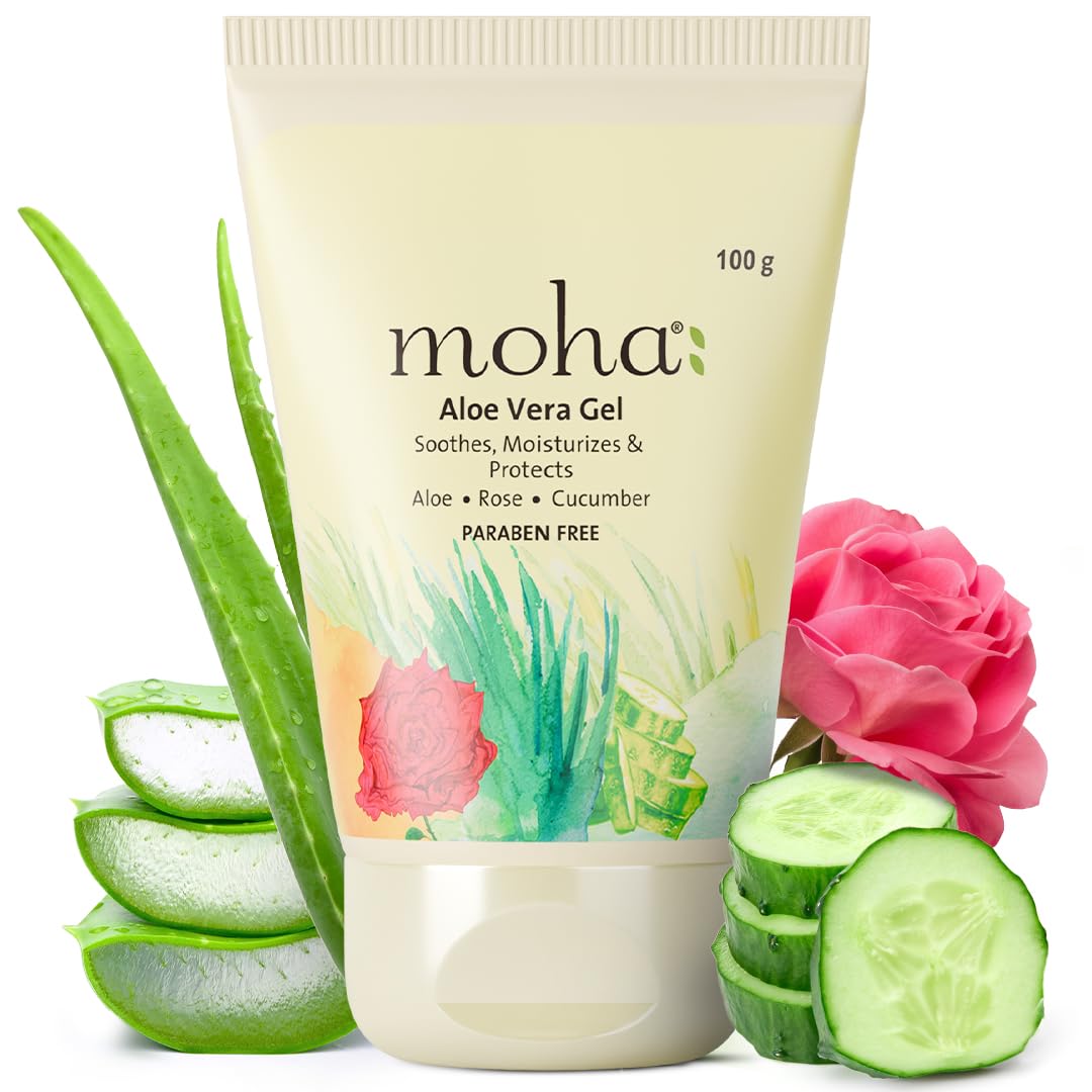 Moha Aloe Vera Gel 100 gm Pack of 1 for Face, Skin & Hair | Hydrating, Soothing, Lightweight Organic Gel with Rose & Cucumber
Moha Aloe Vera Gel 100 gm Pack of 1 for Face, Skin & Hair | Hydrating, Soothing, Lightweight Organic Gel with Rose & Cucumber