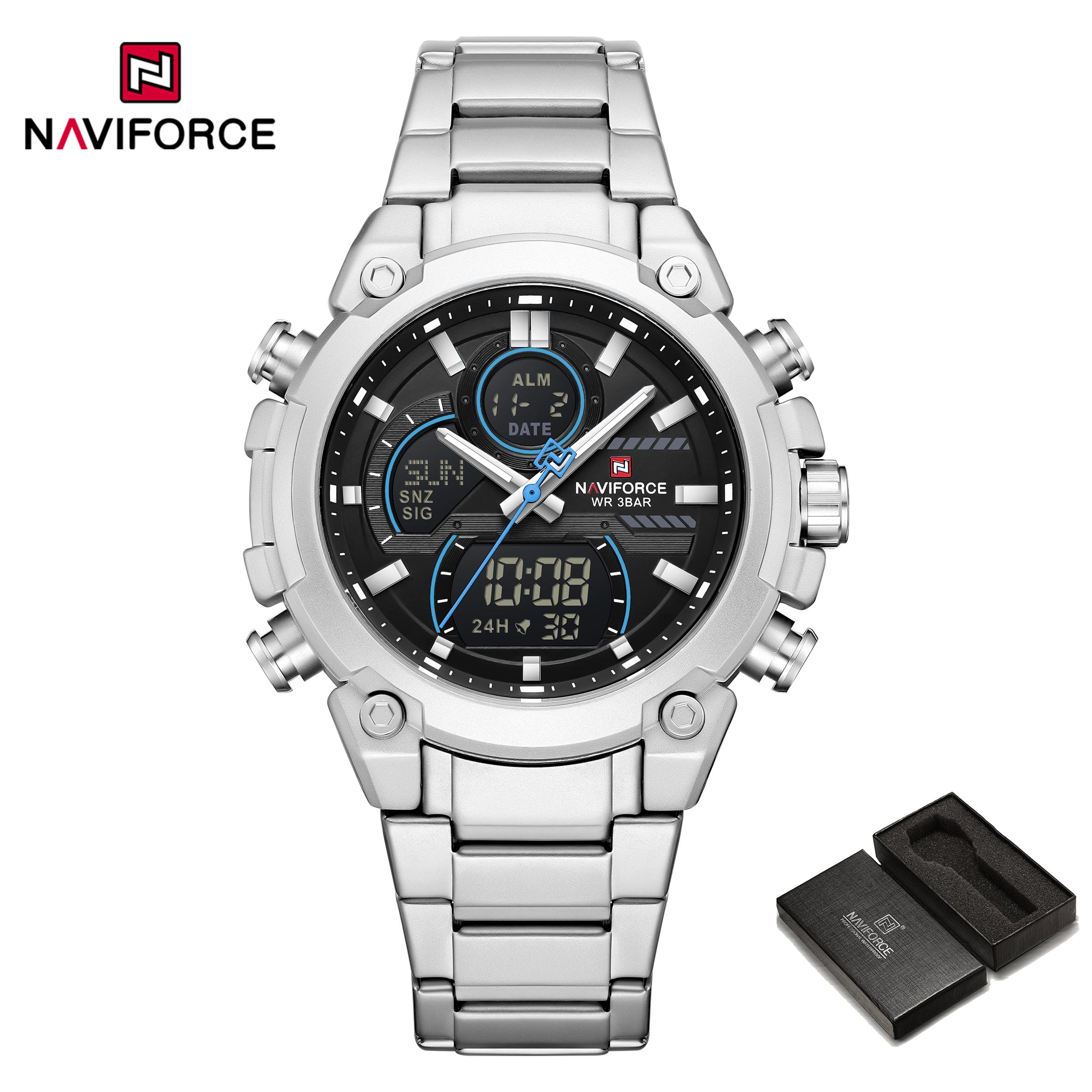 Naviforce Чоловічий годинник з подвійним часом, кварцовий механізм, РК-дисплей, цифровий хронограф, люмінесцентні стрілки, ремінець з нержавіючої сталі, водонепроникний чоловічий годинник NF9278 чорний/синій
Naviforce Чоловічий годинник з подвійним часом, кварцовий механізм, РК-дисплей, цифровий хронограф, люмінесцентні стрілки, ремінець з нержавіючої сталі, водонепроникний чоловічий годинник NF9278 чорний/синій