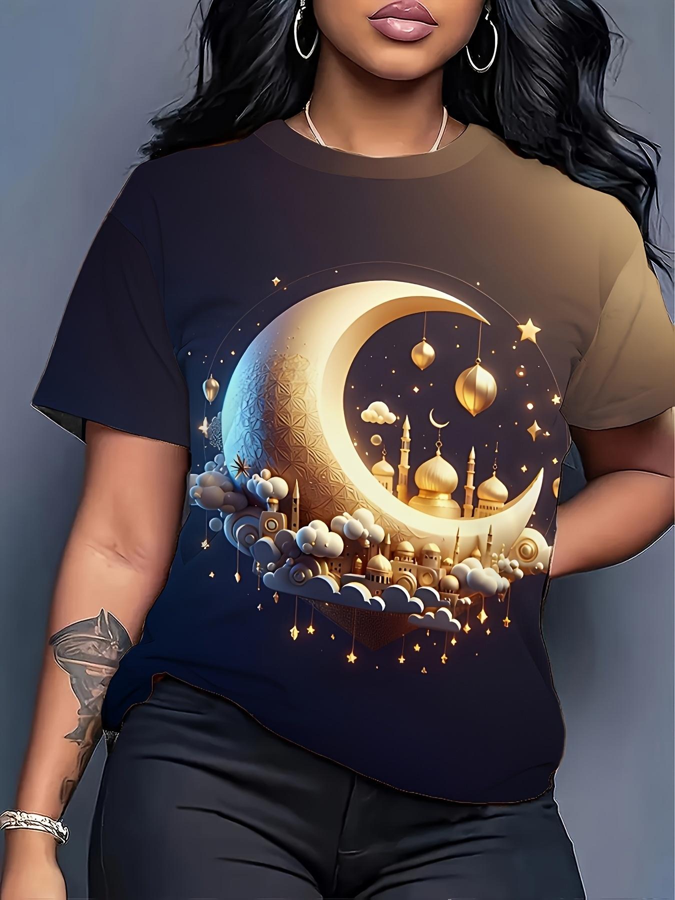 A Short-Sleeve Women S T-Shirt in a Brown-Blue Gradient Adorned with a Golden Crescent Cloud Pattern. Showcasing a Whimsical Starry Sky Backdrop And a 2XL
A Short-Sleeve Women S T-Shirt in a Brown-Blue Gradient Adorned with a Golden Crescent Cloud Pattern. Showcasing a Whimsical Starry Sky Backdrop And a 2XL