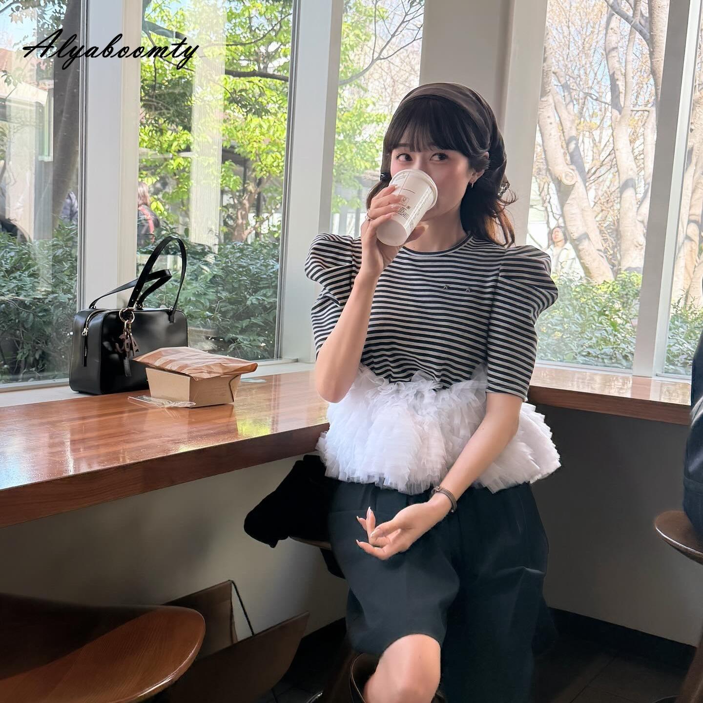 Korean Fashion Summer Women Stylish Top O Neck Striped Layered Ruffles Ball Gown Ballet T-Shirt Puff Sleeve Princess Cotton Ladies Tee One Size чорний
Korean Fashion Summer Women Stylish Top O Neck Striped Layered Ruffles Ball Gown Ballet T-Shirt Puff Sleeve Princess Cotton Ladies Tee One Size чорний