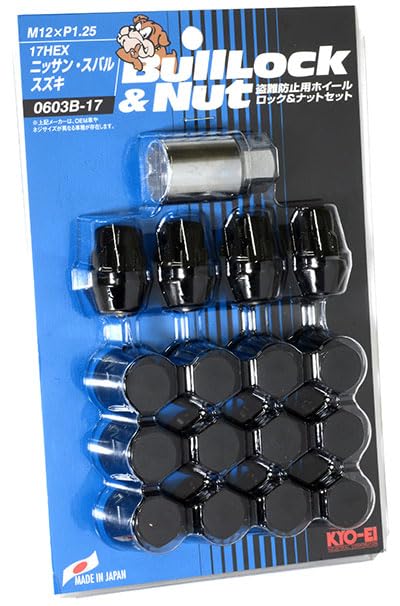 KYO-EI Kyoei Industry Bull Lock & Nut Bag, 17HEX, M12XP1.25, for 4H Vehicles, 16-Piece Set, Black, 0603B-17
KYO-EI Kyoei Industry Bull Lock & Nut Bag, 17HEX, M12XP1.25, for 4H Vehicles, 16-Piece Set, Black, 0603B-17