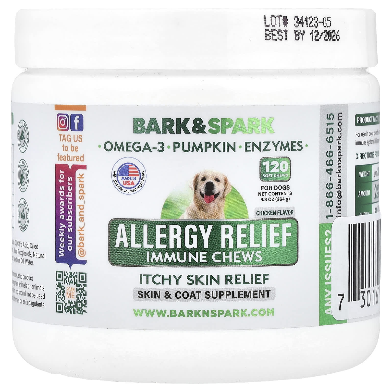 Bark&Spark, Allergy Relief Immune жевательные таблетки, для снятия зуда кожи, для собак, курица, 120 мягких жевательных таблеток, 264 г (9,3 унции)
Bark&Spark, Allergy Relief Immune жевательные таблетки, для снятия зуда кожи, для собак, курица, 120 мягких жевательных таблеток, 264 г (9,3 унции)
