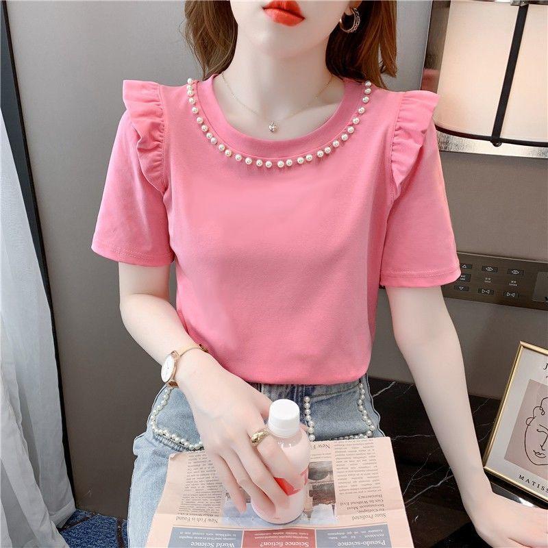 Sweet Lotus Leaf Short Sleeved T-shirt for Summer Fashion Nail Bead Round Neck Slim Fit Versatile Top Western-style Shirt S білий
Sweet Lotus Leaf Short Sleeved T-shirt for Summer Fashion Nail Bead Round Neck Slim Fit Versatile Top Western-style Shirt S білий