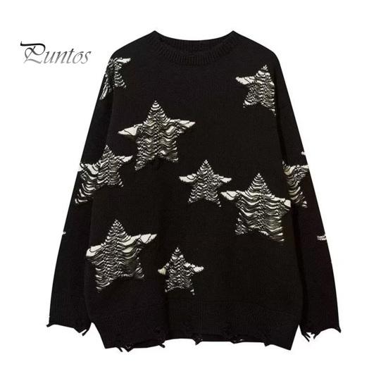 Женский свитер свободного кроя со звездами и круглым вырезом, длинный рукав, свитер, топ, трикотаж на осень-зиму L чёрный