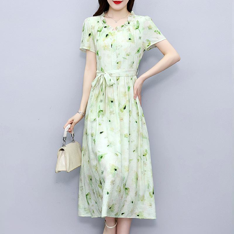 Женское летнее шифоновое платье с цветочным принтом – Приталенное, Подчеркивающее талию, Элегантный стиль 2XL цветочный/зелёный