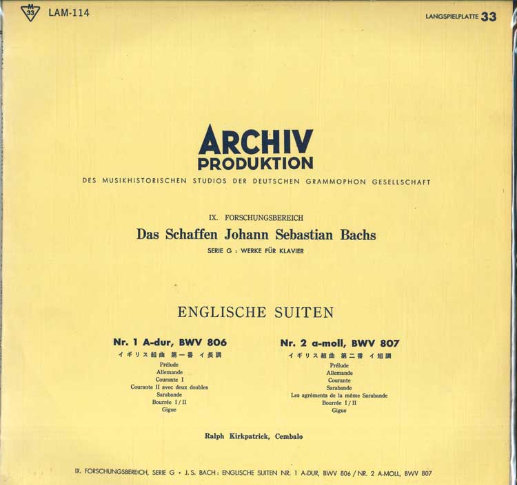 LP Record - Bach: English Suite No. 1, English LAM114 ARCHIV PRODUKTI Japan Classical Used
LP Record - Bach: English Suite No. 1, English LAM114 ARCHIV PRODUKTI Japan Classical Used