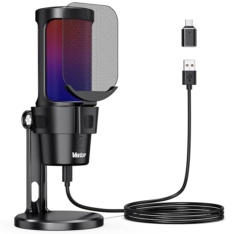 Veetop USB condenser microphone gaming microphone PC microphone RGB lighting Microphone for distribution cardioid polar pattern One touch mute pop
Veetop USB condenser microphone gaming microphone PC microphone RGB lighting Microphone for distribution cardioid polar pattern One touch mute pop