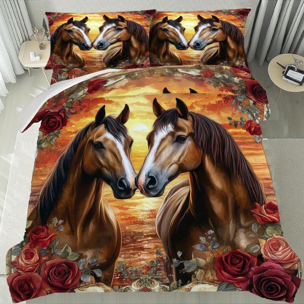 2/3Pcs Elegant Horse And Rose Duvet Cover Set - Vibrant Sunset Design With Two Galloping Horses, Red Roses & Golden Accents Duvet Cover Set&EU Single(135x200cm)
2/3Pcs Elegant Horse And Rose Duvet Cover Set - Vibrant Sunset Design With Two Galloping Horses, Red Roses & Golden Accents Duvet Cover Set&EU Single(135x200cm)