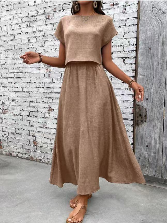 European and American Women s Solid Short-Sleeve Top & A-Line Skirt Set, 2-Piece. S хакі
European and American Women s Solid Short-Sleeve Top & A-Line Skirt Set, 2-Piece. S хакі