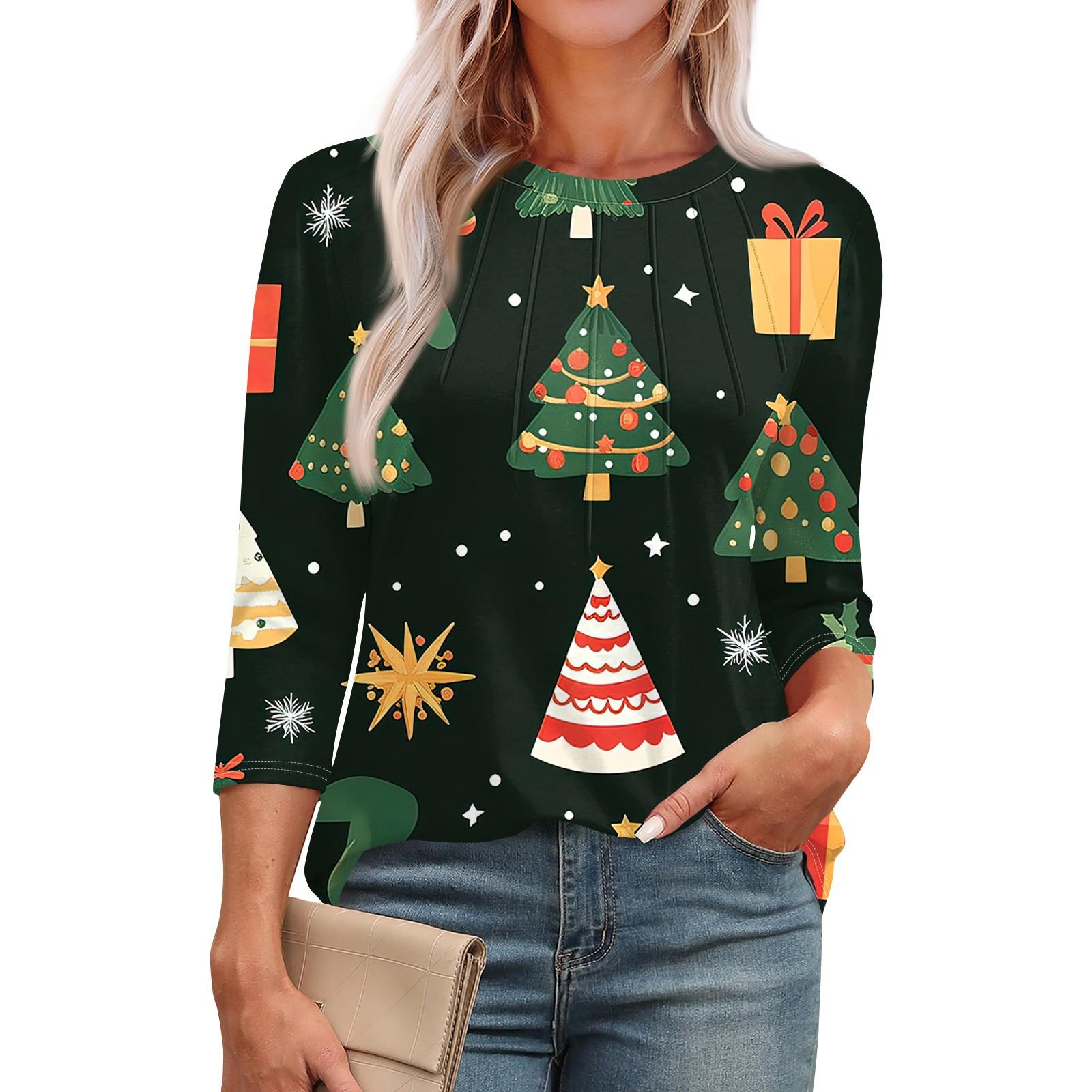 Женская модная футболка с круглым вырезом и рукавом 3/4 с рождественскими принтами, повседневная базовая плиссированная футболка-пуловер XXL зелёный
Женская модная футболка с круглым вырезом и рукавом 3/4 с рождественскими принтами, повседневная базовая плиссированная футболка-пуловер XXL зелёный
