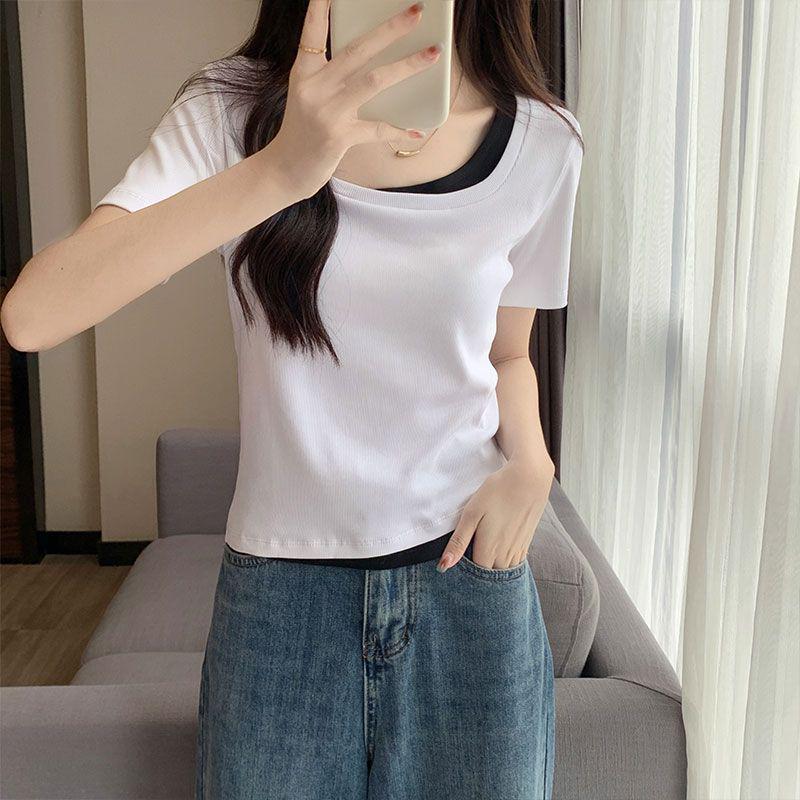 Women s Summer Slimming Square Neck Color Block T-shirt \- Niche Fake Two-Piece Design Extra Large чёрный
Women s Summer Slimming Square Neck Color Block T-shirt \- Niche Fake Two-Piece Design Extra Large чёрный