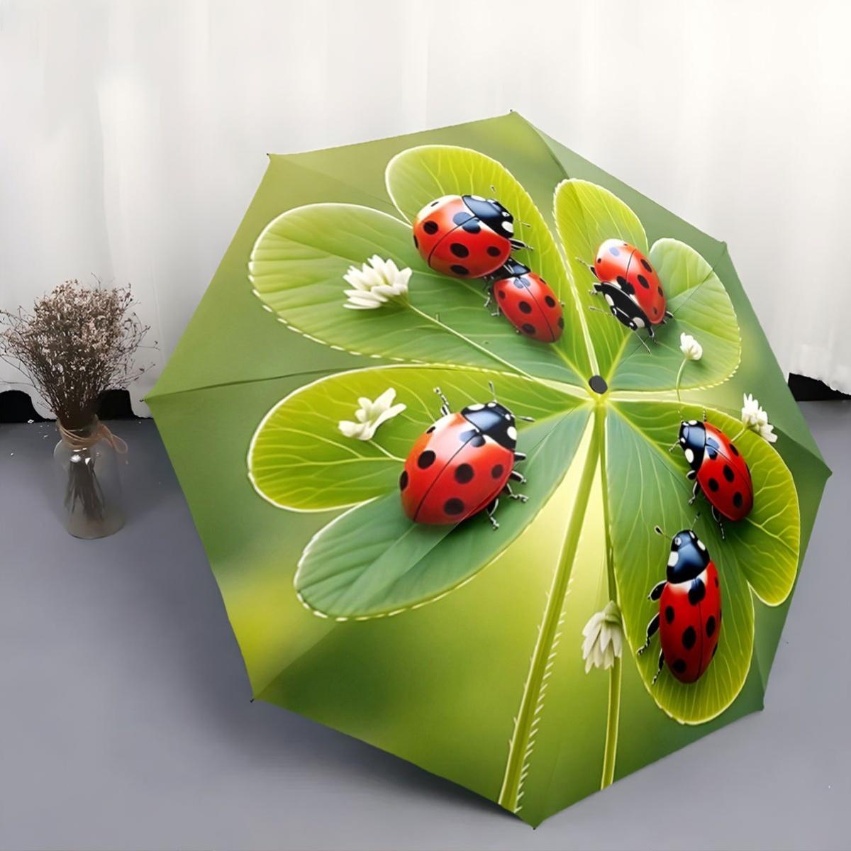 A Compact Folding Umbrella Featuring Ladybugs on a Backdrop of Green Leaves, Perfect for Gifting on Any Occasion.
A Compact Folding Umbrella Featuring Ladybugs on a Backdrop of Green Leaves, Perfect for Gifting on Any Occasion.
