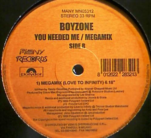 12inch Record BOYZONE - You Needed Me / Megamix MANYMN05312 Many Records, P 1999 Italy Dance & Electronica Used
12inch Record BOYZONE - You Needed Me / Megamix MANYMN05312 Many Records, P 1999 Italy Dance & Electronica Used