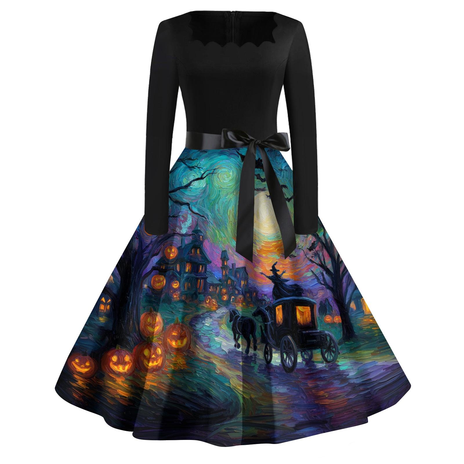 Women s Casual Vintage Halloween Print Square Neck Long Sleeve Dress with Waist Bow Tie Retro Style Flared Skirt L синий
Women s Casual Vintage Halloween Print Square Neck Long Sleeve Dress with Waist Bow Tie Retro Style Flared Skirt L синий