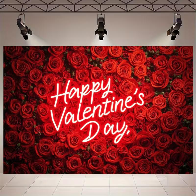 2D Flat Printed Valentine s Day Backdrop, Red Rose Wall with Happy Valentine s Day Neon Photo Banner 47.2x31.5inch/120*80cm
2D Flat Printed Valentine s Day Backdrop, Red Rose Wall with Happy Valentine s Day Neon Photo Banner 47.2x31.5inch/120*80cm