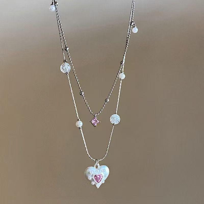 Изысканное двухслойное розовое колье с цирконом в форме сердца и жемчугом, женская бисерная цепочка для ключицы