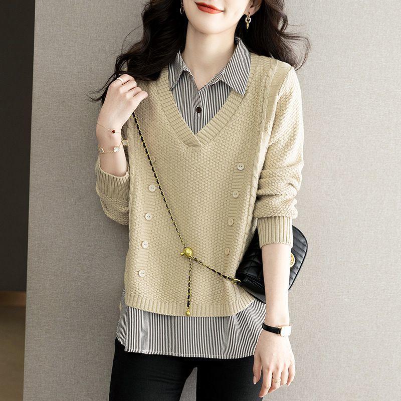 Fake Two Piece Top Knit Sweater Women s Splice Shirt Collar Spring Autumn Korean Loose Long Sleeve Sweater Female Pullover S бежевый
Fake Two Piece Top Knit Sweater Women s Splice Shirt Collar Spring Autumn Korean Loose Long Sleeve Sweater Female Pullover S бежевый