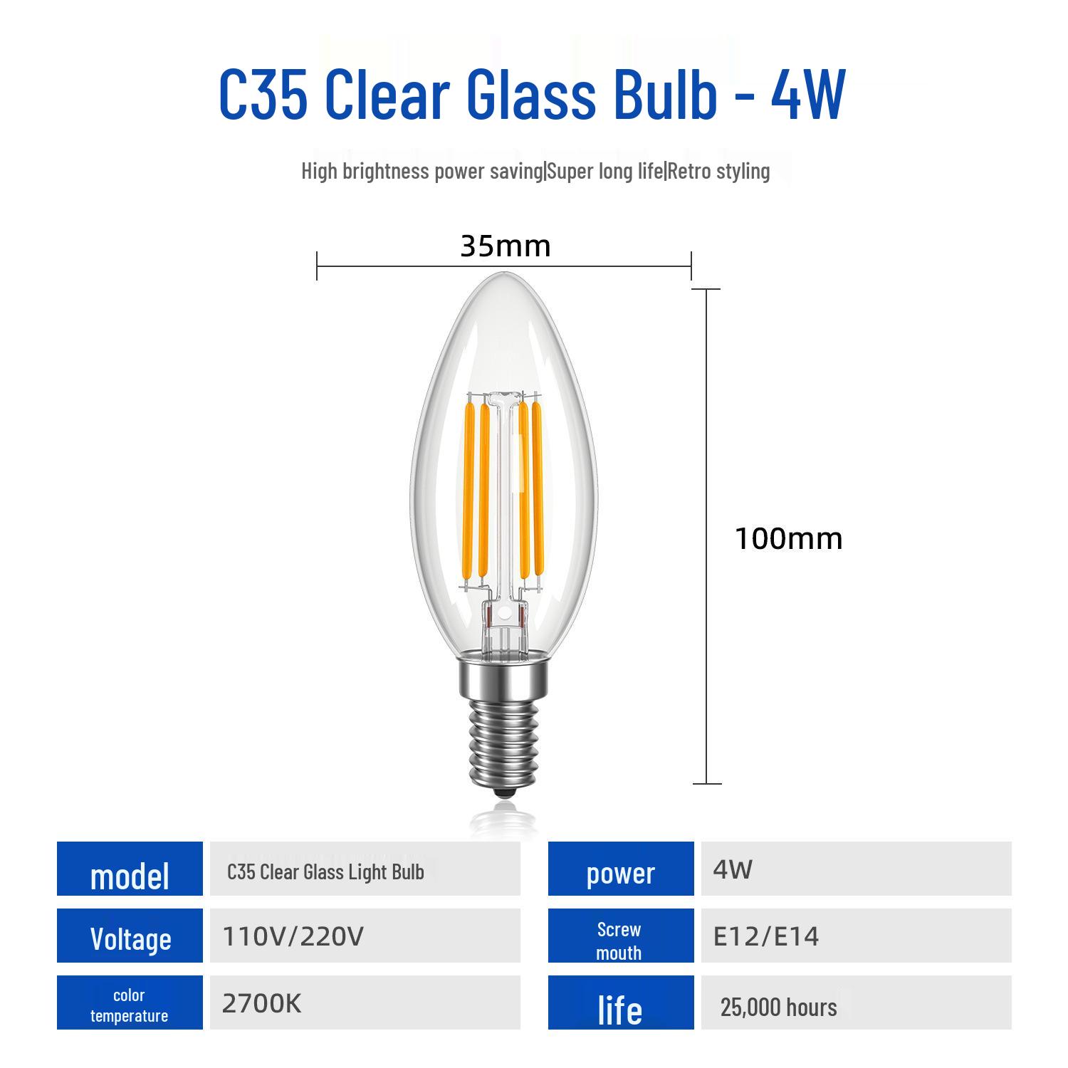 Qingguang C35 Vintage Edison Dimmable LED Filament Bulb for Hotel Decor Lighting E14 Screw Base - 220V - 2700K
Qingguang C35 Vintage Edison Dimmable LED Filament Bulb for Hotel Decor Lighting E14 Screw Base - 220V - 2700K