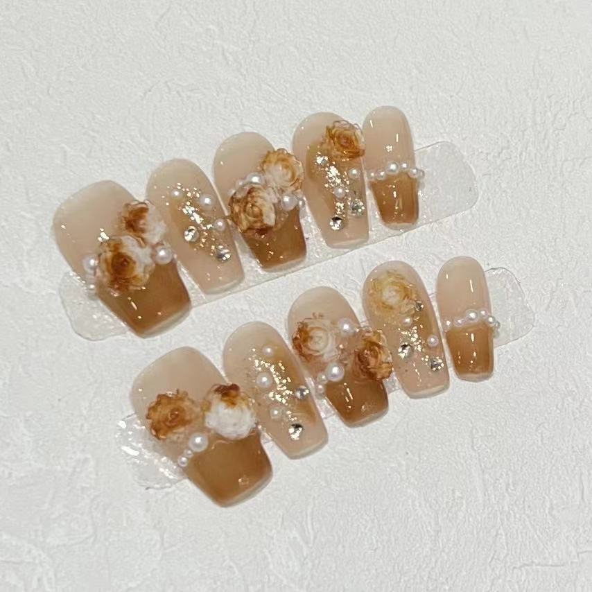 Flowers and Brocades Wear Nail Pieces Handmade High-end Caramel Color French Rose Manicure Fake Nails Removable Large L
Flowers and Brocades Wear Nail Pieces Handmade High-end Caramel Color French Rose Manicure Fake Nails Removable Large L