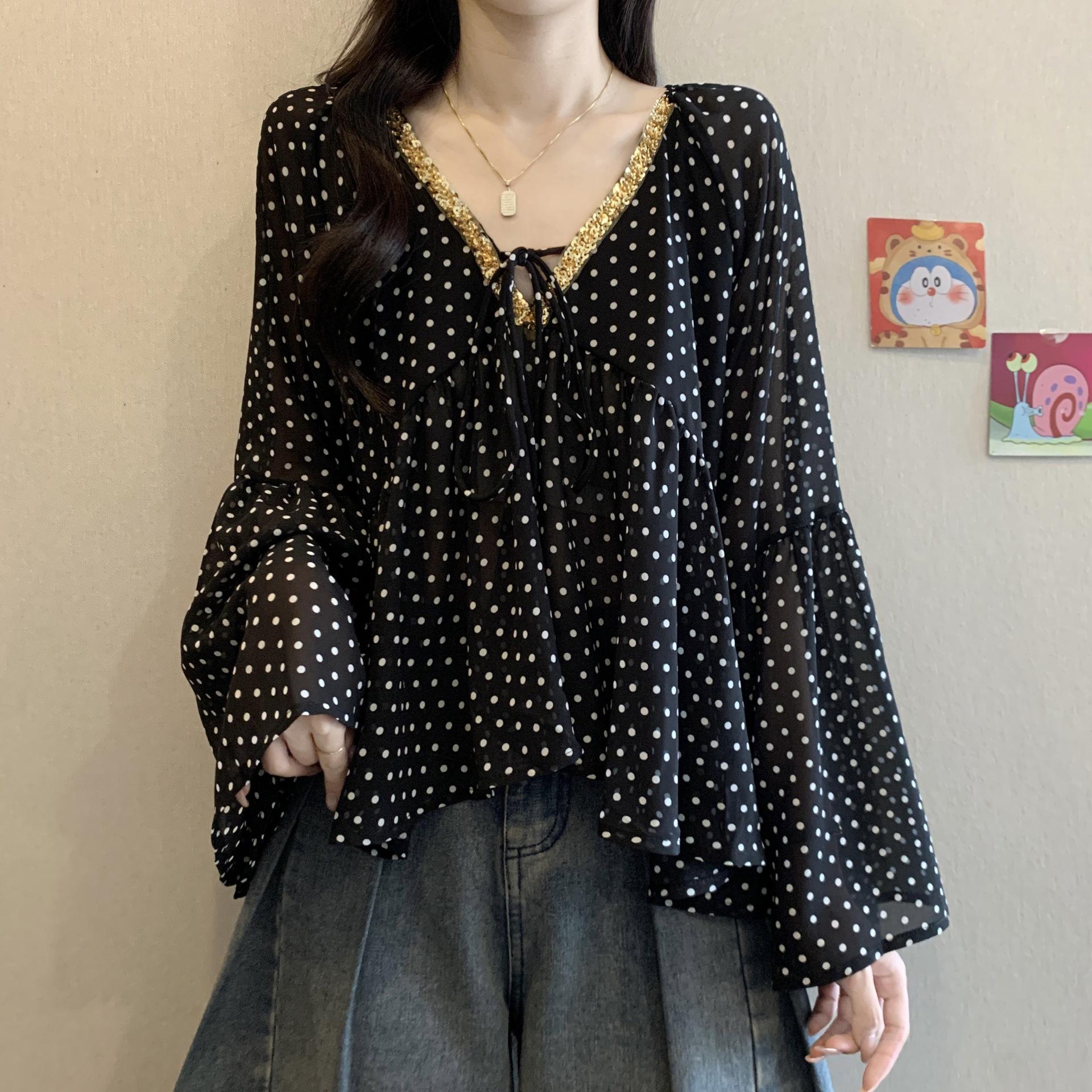2026 Plus Size Designer Polka Dot Sequin V-Neck Chiffon Shirt for Women - Belly Concealing, Versatile Thin See-Through Top XXL чёрный
2026 Plus Size Designer Polka Dot Sequin V-Neck Chiffon Shirt for Women - Belly Concealing, Versatile Thin See-Through Top XXL чёрный