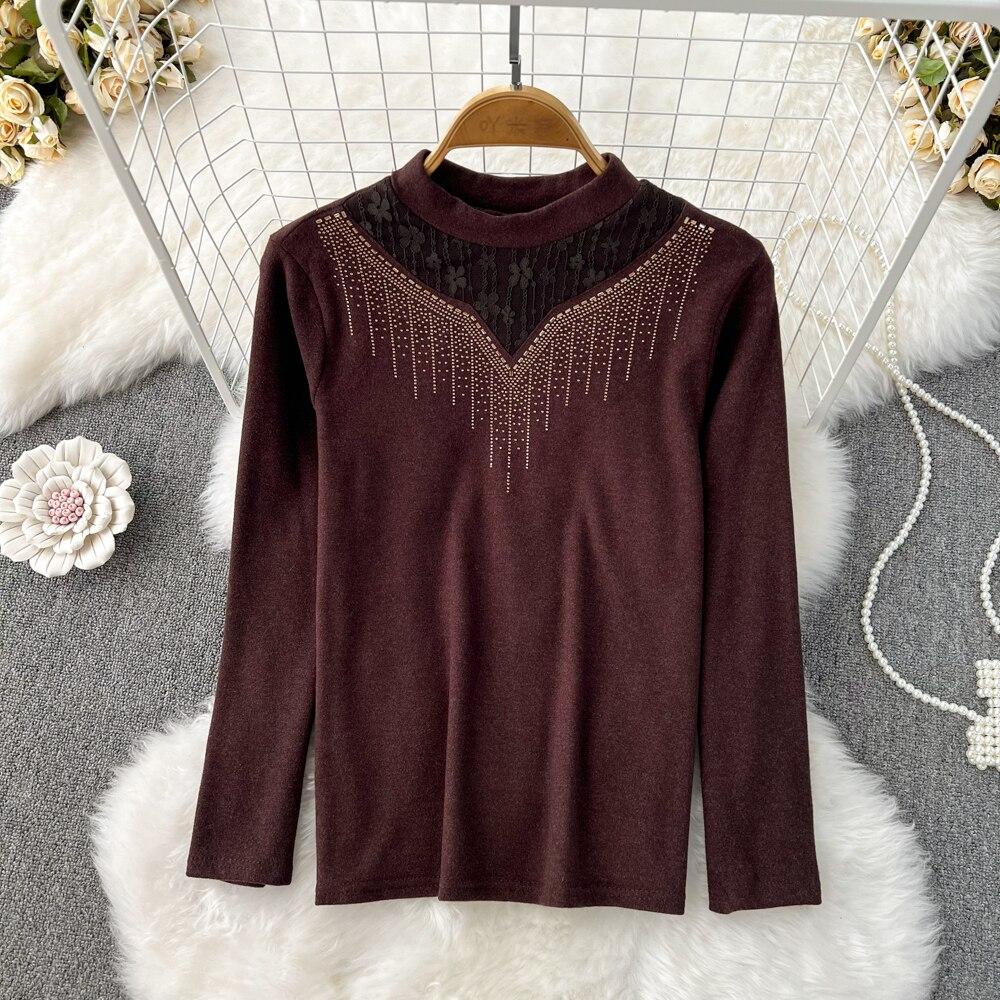 Осенне-зимняя теплая футболка с длинными рукавами и кружевной строчкой Derong, с половиной высокого воротника, горячая дрель