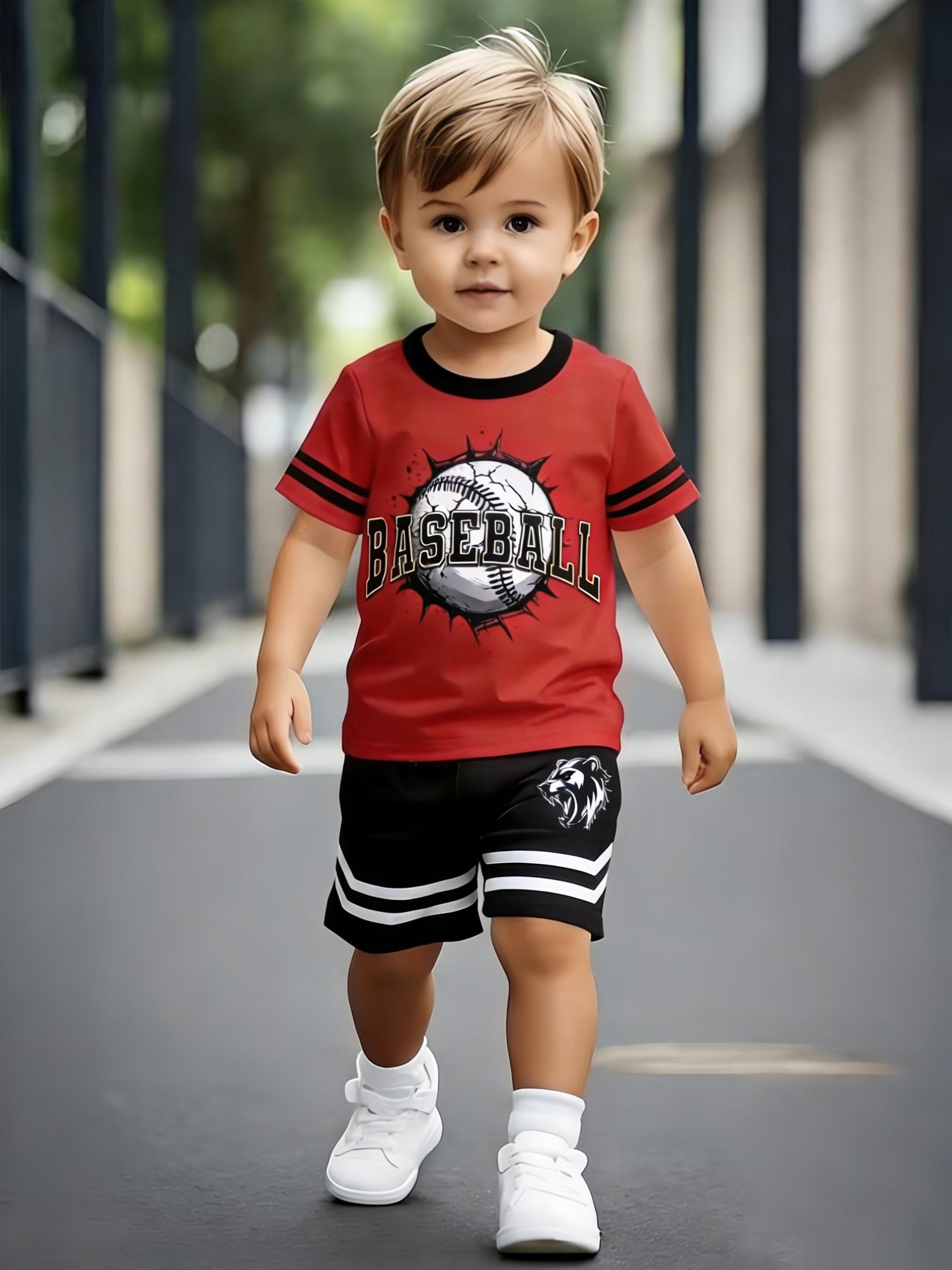 Toddler Boys Cool Baseball & Bear Print 2-Piece Outfit, Summer Red & Black Sporty Clothes for Kids, Perfect for Playwear & Outdoor 5-6Y
Toddler Boys Cool Baseball & Bear Print 2-Piece Outfit, Summer Red & Black Sporty Clothes for Kids, Perfect for Playwear & Outdoor 5-6Y