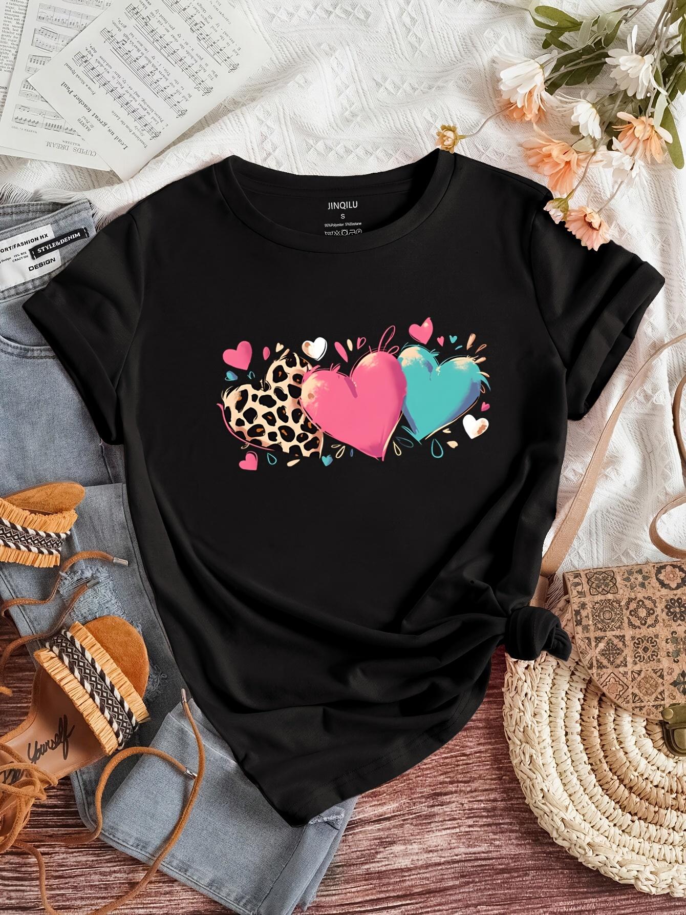 Heart Print Crew Neck Tshirt Short Sleeve Casual Top For Spring Summer Womens Clothing S
Heart Print Crew Neck Tshirt Short Sleeve Casual Top For Spring Summer Womens Clothing S