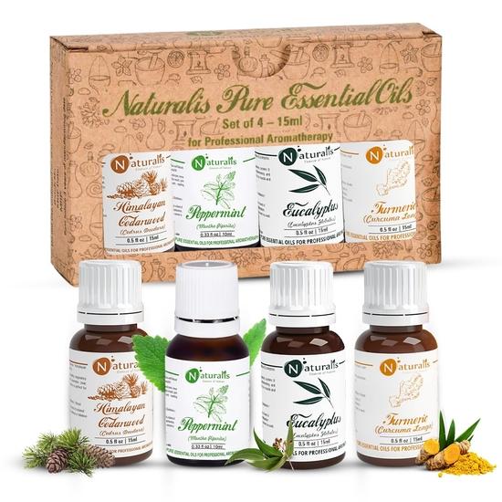 Naturalis Eucalyptus Oil - Cedar Wood, Turmeric and Peppermint Oil - Pure & Natural for Aromatherapy, Skin Care & Relaxation - 15ml Each, Pack of 4
Naturalis Eucalyptus Oil - Cedar Wood, Turmeric and Peppermint Oil - Pure & Natural for Aromatherapy, Skin Care & Relaxation - 15ml Each, Pack of 4