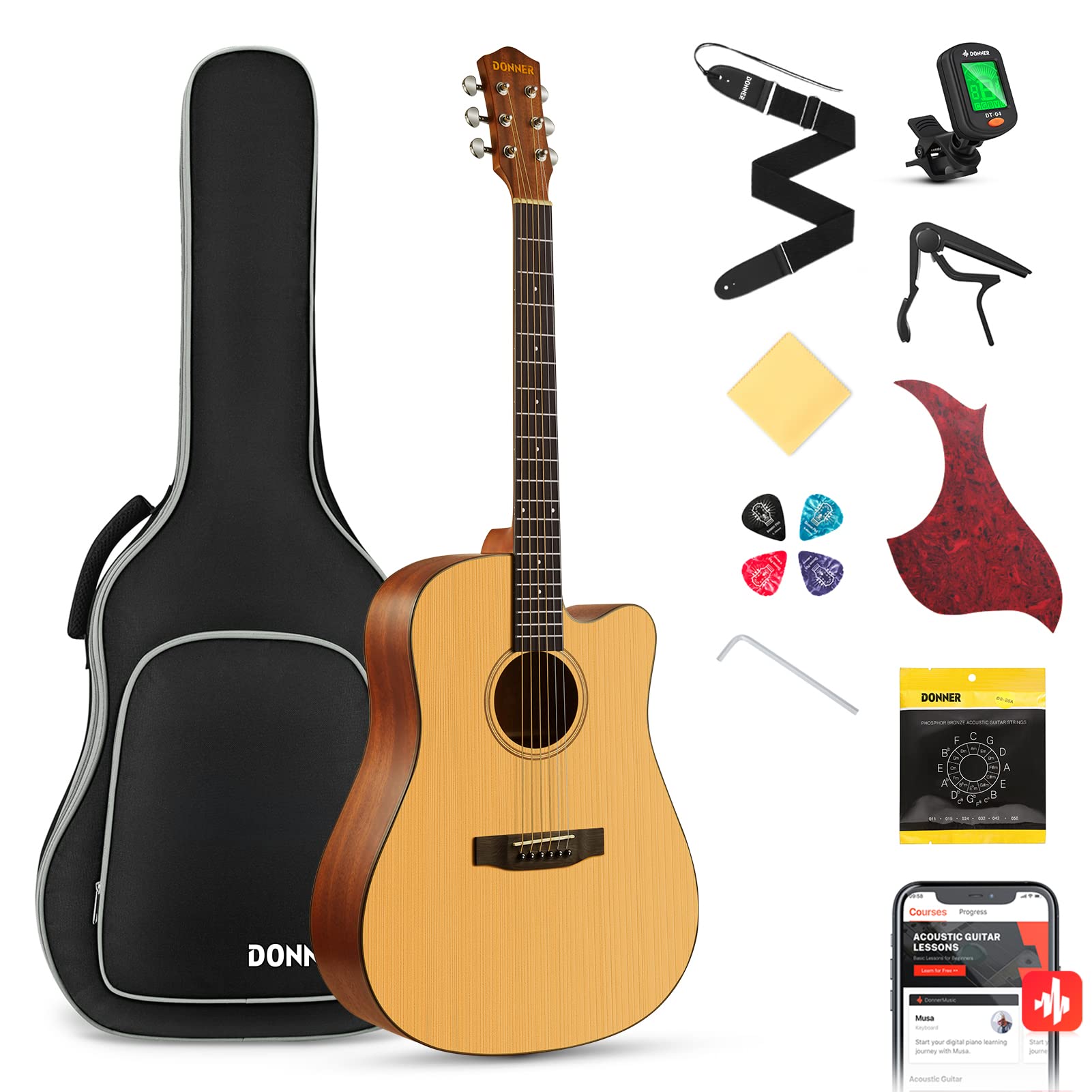 Donner Acoustic Guitar Beginner Set 41 дюйм Высококачественная акустическая гитара с верхней декой из ели и вырезом для правой руки для начинающих с мягким чехлом и тюнером
Donner Acoustic Guitar Beginner Set 41 дюйм Высококачественная акустическая гитара с верхней декой из ели и вырезом для правой руки для начинающих с мягким чехлом и тюнером