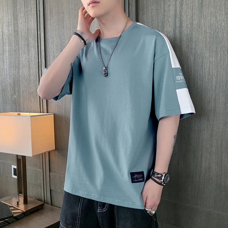 Летняя хлопковая футболка с короткими рукавами, мужская повседневная футболка с круглым вырезом и рукавом-пятью, свободная повседневная футболка XXXL синий