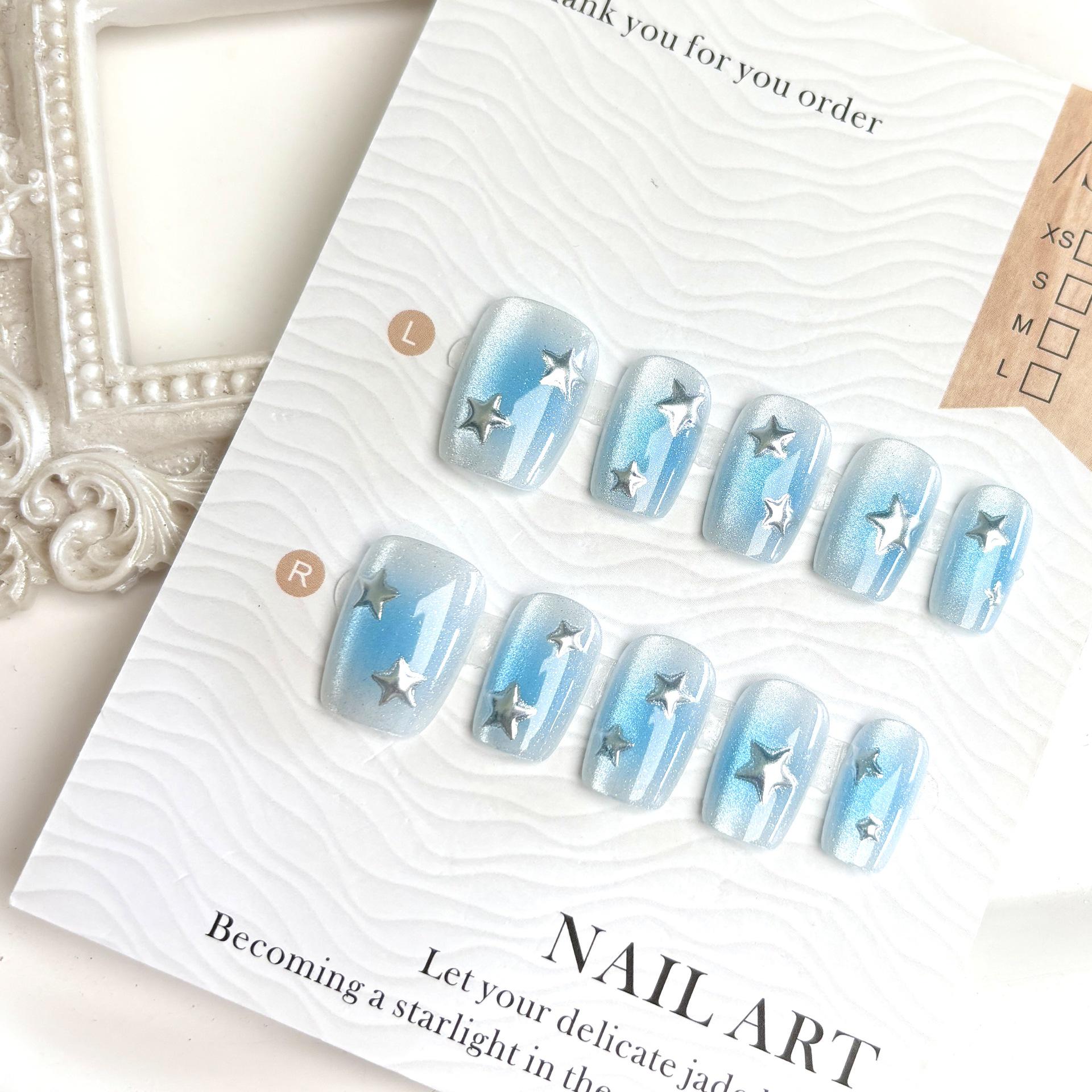 Blue Silver Star Cat Eye Glitter Blush Nails - Korean Style, Cute & Wearable Nail Art Patches for Summer
Blue Silver Star Cat Eye Glitter Blush Nails - Korean Style, Cute & Wearable Nail Art Patches for Summer