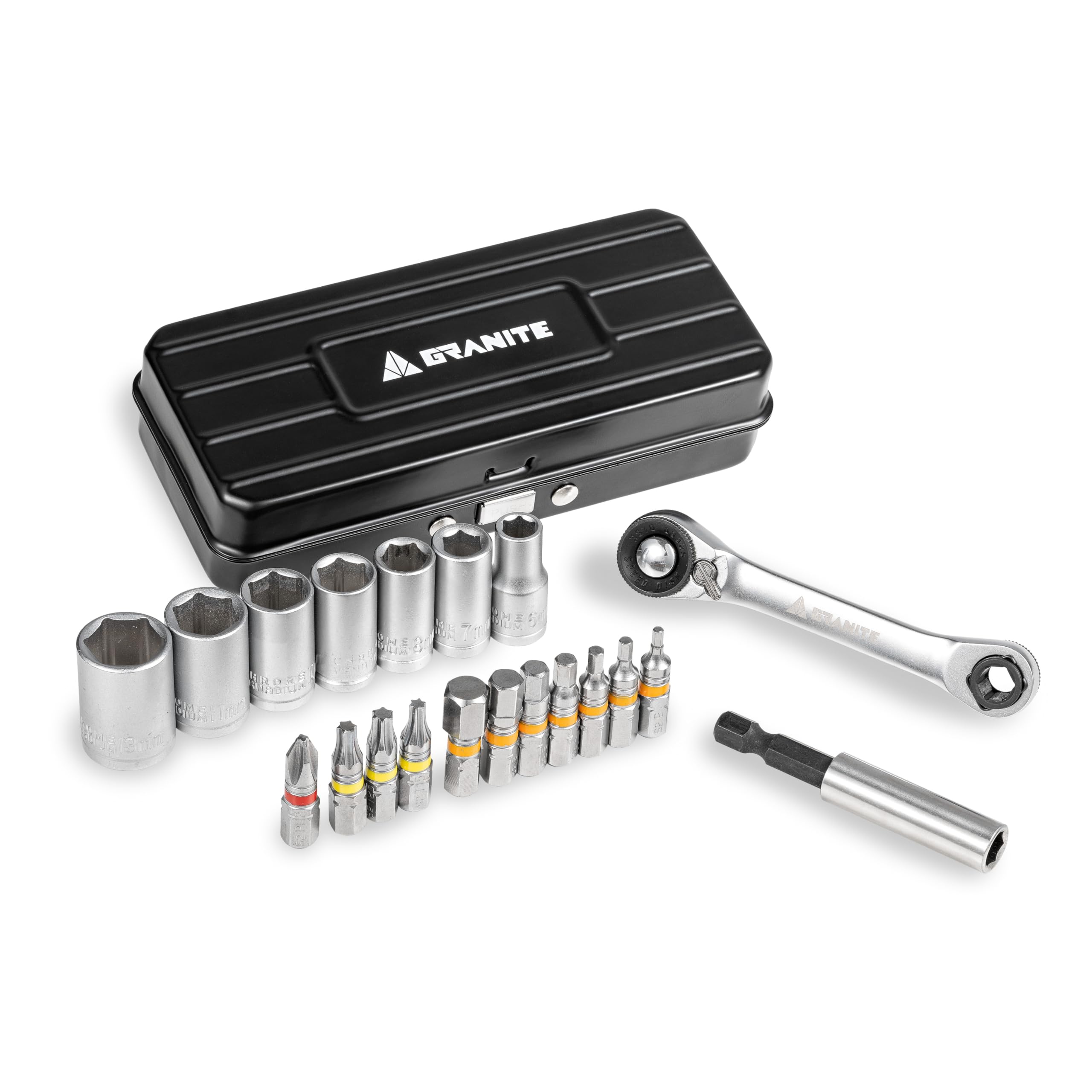 Granite Duet Hex Bit Socket Ratchet Tool Kit Includes Hex Bit and Hex Socket Ratchet Extension 7 Hex and 11 Precision Tool Bits & - Dual-Head Wrench, чёрный
Granite Duet Hex Bit Socket Ratchet Tool Kit Includes Hex Bit and Hex Socket Ratchet Extension 7 Hex and 11 Precision Tool Bits & - Dual-Head Wrench, чёрный