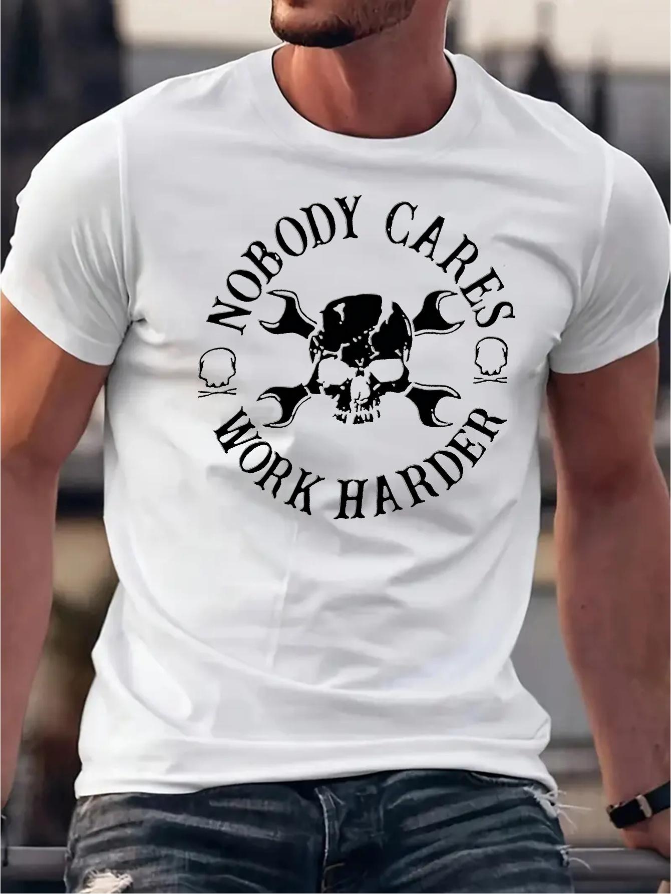 Black Graphic T-shirt - Bold NOBODY CARES WORK HARDER Skull Design - Breathable Cotton Blend Crewneck Tee - Stretch Knit Fabric for Gym XL
Black Graphic T-shirt - Bold NOBODY CARES WORK HARDER Skull Design - Breathable Cotton Blend Crewneck Tee - Stretch Knit Fabric for Gym XL