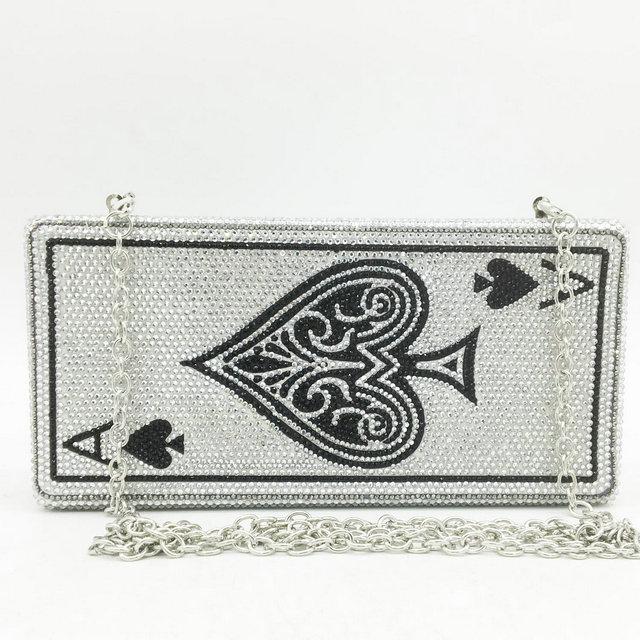 Boutique De FGG Poker Playing Card Spade Ace Women Crystal Clutch Purse Evening Bag Vegas Rhinestone Handbags Casinos Dinner Bag Small Size
Boutique De FGG Poker Playing Card Spade Ace Women Crystal Clutch Purse Evening Bag Vegas Rhinestone Handbags Casinos Dinner Bag Small Size