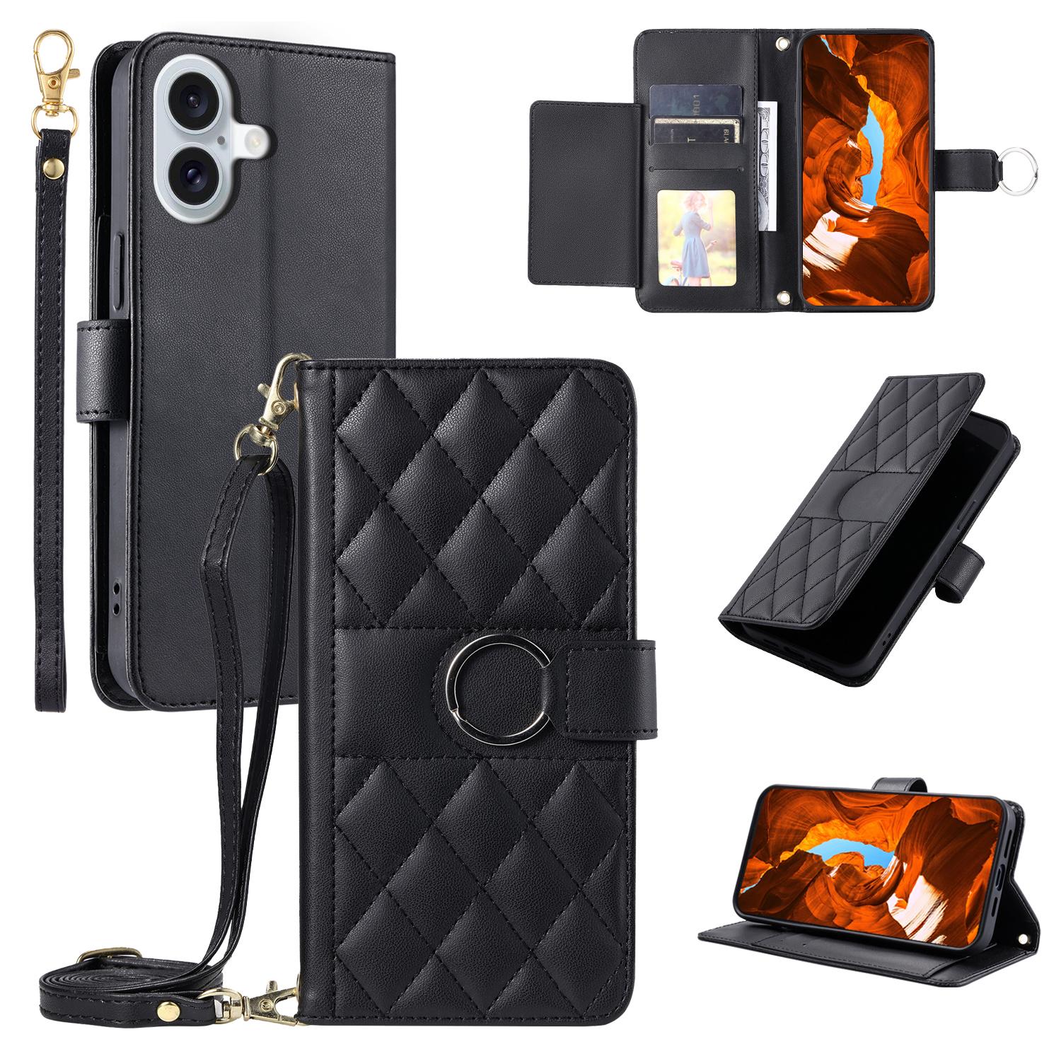 For iPhone 16 Crossbody Leather Case Ring Buckle Wallet Stand Rhombus Mobile Cover - Black
For iPhone 16 Crossbody Leather Case Ring Buckle Wallet Stand Rhombus Mobile Cover - Black