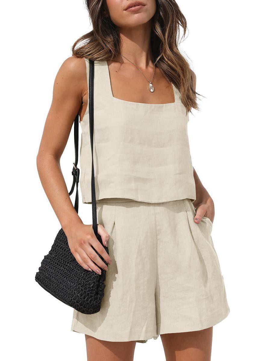 Женский комплект из льна 2024 года в европейском и американском стиле: Топ без рукавов и повседневные шорты M
Женский комплект из льна 2024 года в европейском и американском стиле: Топ без рукавов и повседневные шорты M