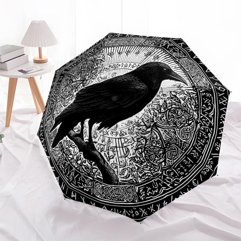 Viking-Style Raven pattern, automatic folding umbrella, portable and foldable design, 8 ribs, a Christmas or birthday gift.
Viking-Style Raven pattern, automatic folding umbrella, portable and foldable design, 8 ribs, a Christmas or birthday gift.