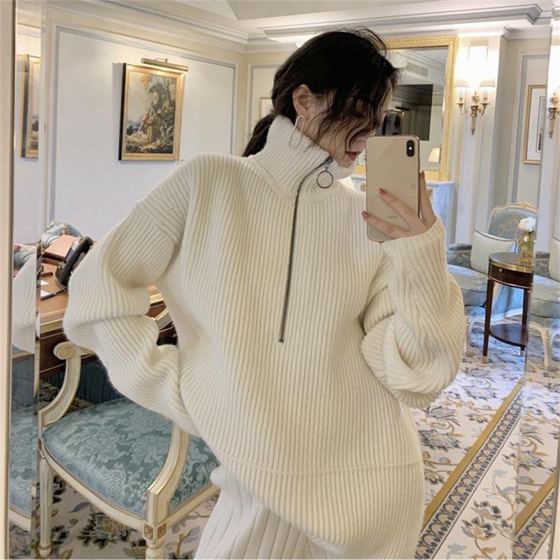 YYFS Женская мода Повседневный Осень Зима Однотонный Принт Длинный Рукав Высокий Воротник Свитера Size: One Size белый