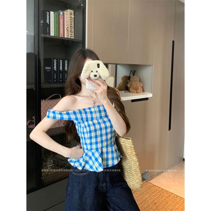 Kumikumi Sweet and Spicy Style Blue Plaid off-Shoulder Collar Shirts Women Summer Short Slimming Frill off-Shoulder Top Blue Gingham L
Kumikumi Sweet and Spicy Style Blue Plaid off-Shoulder Collar Shirts Women Summer Short Slimming Frill off-Shoulder Top Blue Gingham L
