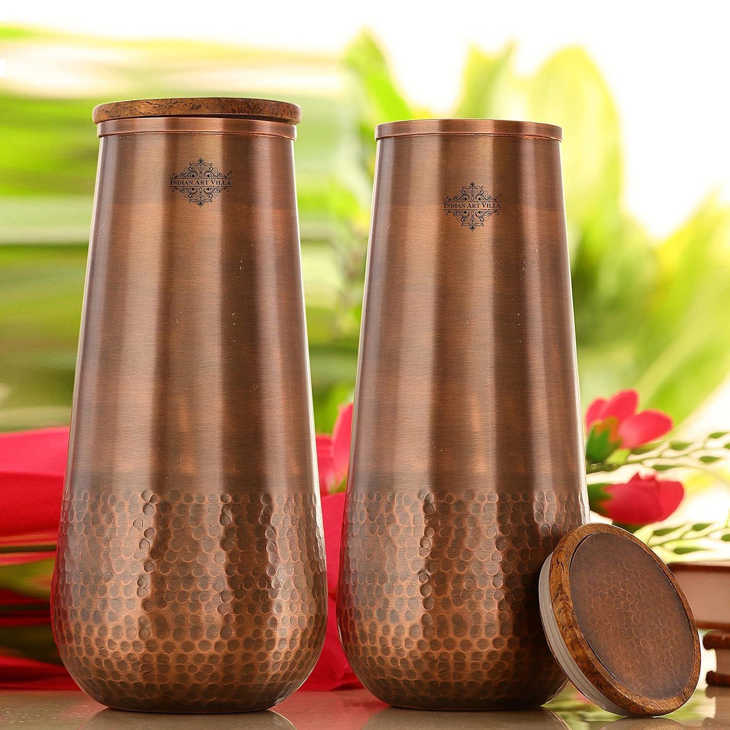 Pure Copper Bedroom Water Bottle with Wooden Lid, Aqua Vase Design with Bottom Hammered Dark Lacquer Finish - Volume 1300 ml (Pack of 2)
Pure Copper Bedroom Water Bottle with Wooden Lid, Aqua Vase Design with Bottom Hammered Dark Lacquer Finish - Volume 1300 ml (Pack of 2)