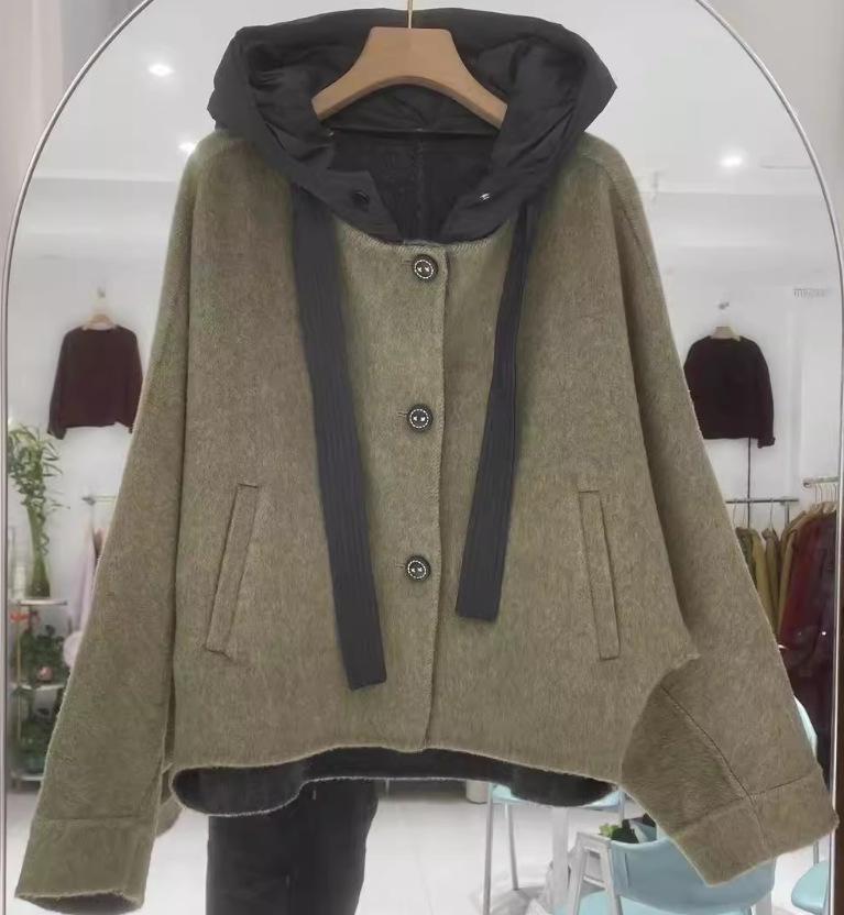 Весенне-осенняя новая шерстяная куртка Двустороннее шерстяное пальто С капюшоном Рукав летучая мышь Короткая куртка с капюшоном женская M зелёный