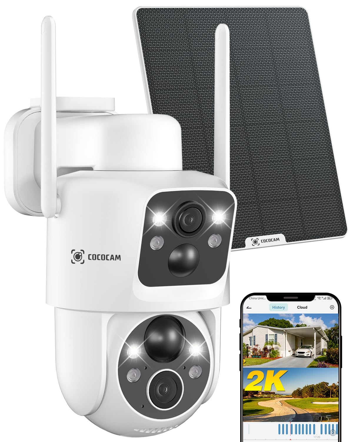 COCOCAM 2K Outdoor Solar Security Dual Dual 10000mAh Solar Security CCTV Camera with 6W Solar AI PIR Human WIFI Camera, Lens, PIR, Camera, 355°P 90°T,
COCOCAM 2K Outdoor Solar Security Dual Dual 10000mAh Solar Security CCTV Camera with 6W Solar AI PIR Human WIFI Camera, Lens, PIR, Camera, 355°P 90°T,