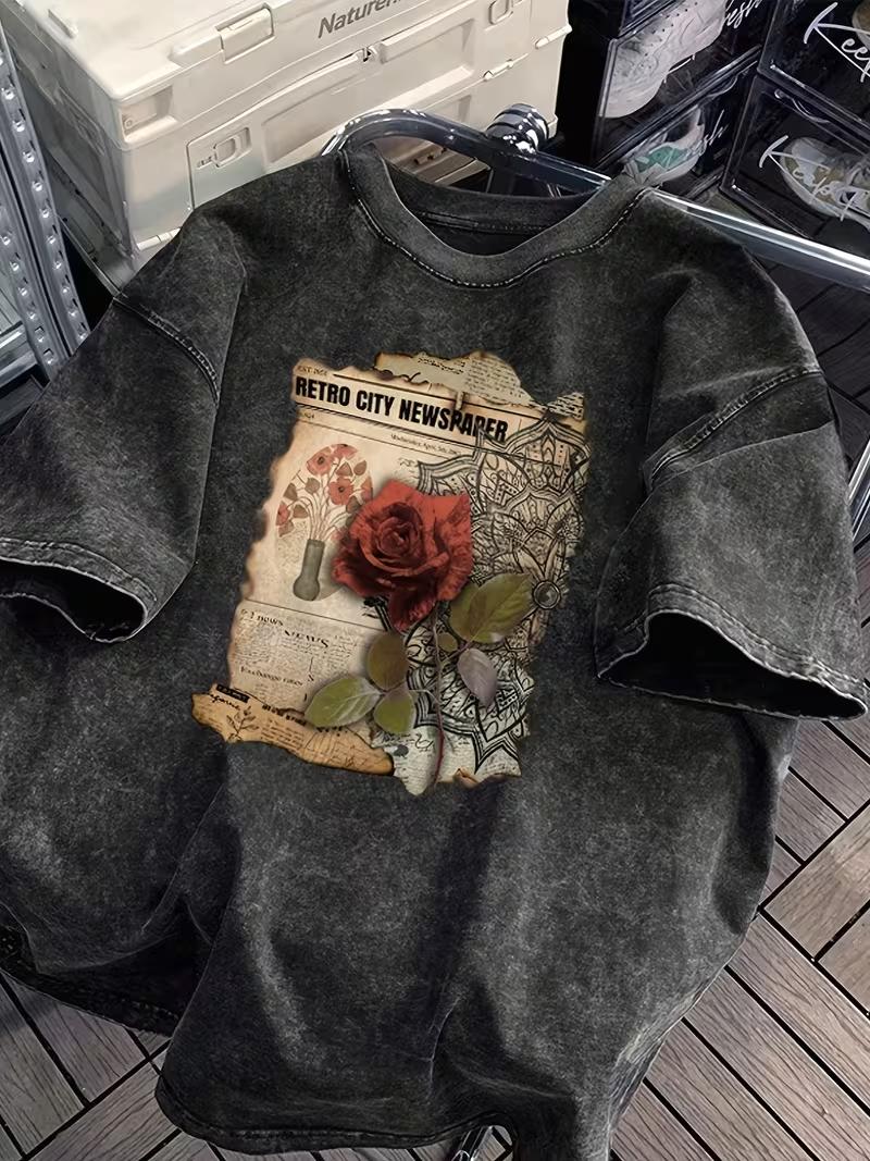 Vintage Washed Tshirt with Retro Rose PrintUnisex Women Unisex Streetwear Fashion Tees Casual Shirt Basic Round Neck Tops S
Vintage Washed Tshirt with Retro Rose PrintUnisex Women Unisex Streetwear Fashion Tees Casual Shirt Basic Round Neck Tops S