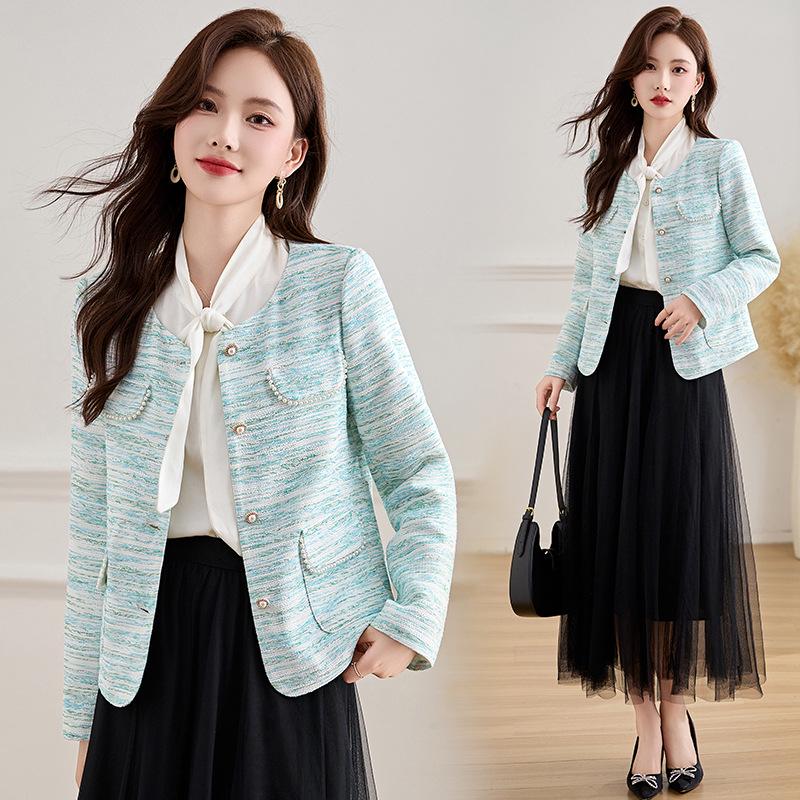 Стильная полосатая куртка с круглым вырезом и бисером 2025 – Коллекция Весна-Осень L (110-120 lbs) синий